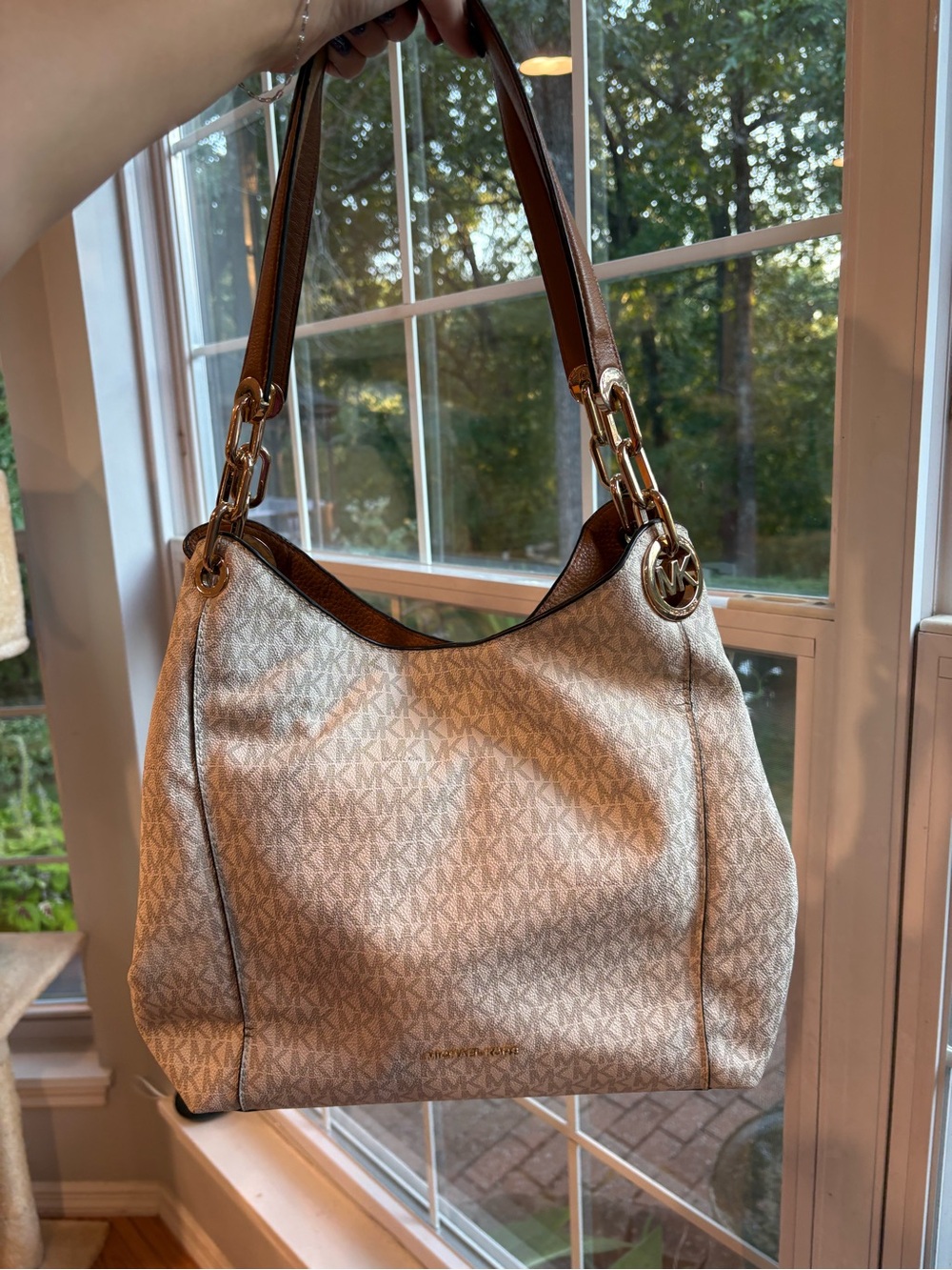 Michael Kors Beige Cream Logo Hobo Shoulder Bag with Brown Trim